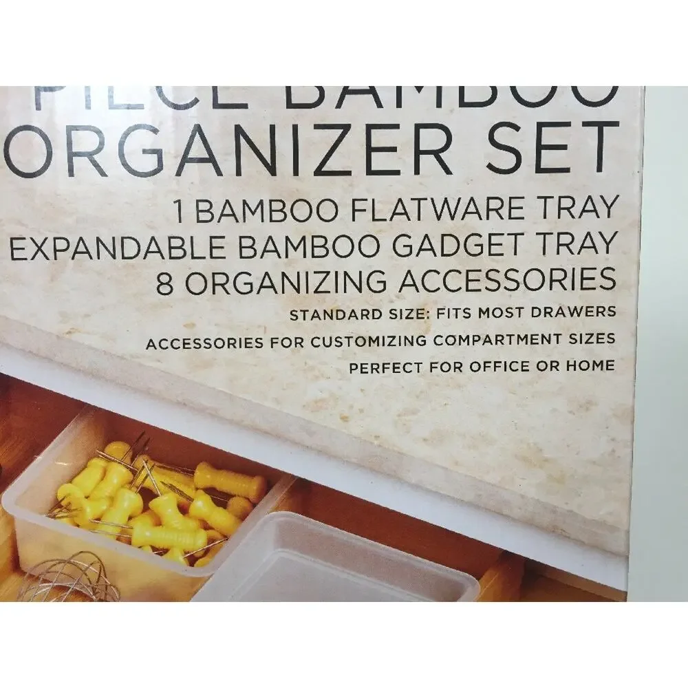 Sabatier 10 Piece Bamboo Flatware Drawer Organizer Expandable Gadget Tray NIB